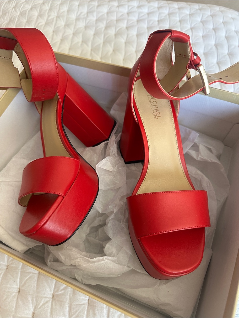 Michael Kors Red Platform Block Heel Sandals with Ankle Strap